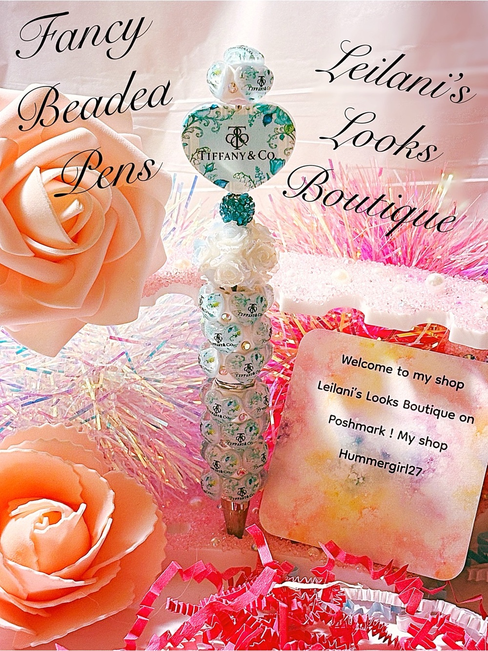 Fancy beaded Pen/gifts/tiffany blue heart/flowers beads/girly
